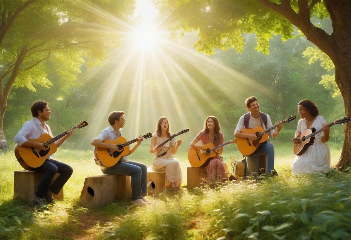 A serene landscape featuring a diverse group of people gathered outdoors, joyfully singing and playing various musical instruments like guitars and drums. Soft rays of sunlight pierce through lush green trees, symbolizing faith and inspiration. In the background, melodious notes float in the air, represented by colorful musical symbols. The scene exudes warmth, unity, and spiritual upliftment. vibrant colors. super-realistic.