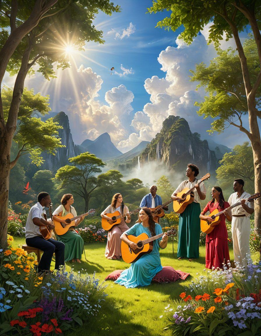 A serene landscape with a diverse group of people joyfully singing and worshipping together, surrounded by vibrant nature, light beams breaking through the clouds to symbolize divine presence, instruments like guitars and drums depicting a community of music, with soft, uplifting colors and an aura of peace and happiness. super-realistic. vibrant colors. natural background.