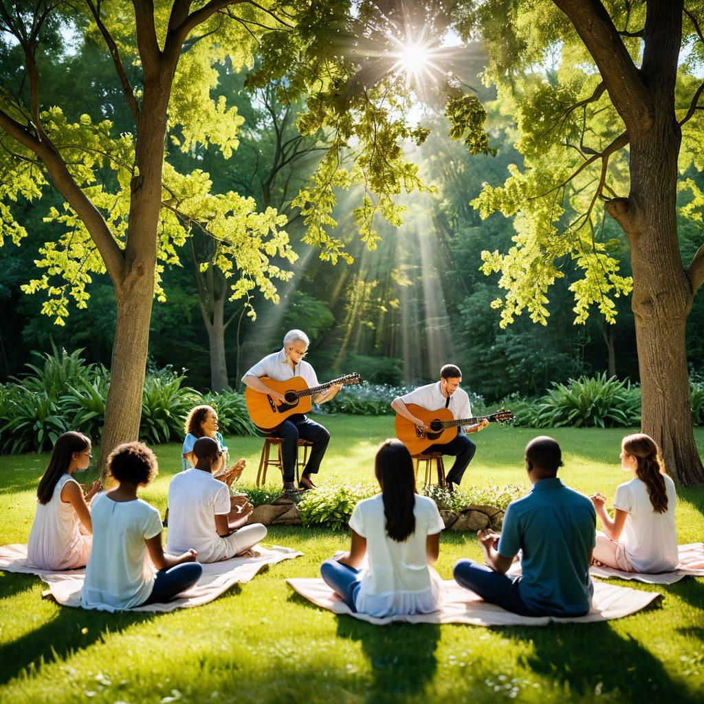 A serene scene depicting a group of diverse individuals engaged in a circle of prayer and worship, surrounded by natural beauty such as trees and flowers. In the center, an acoustic guitar rests, symbolizing musical ministry, while soft rays of sunlight filter through the leaves, creating a warm and inviting atmosphere. Include uplifting elements like open Bibles and musical notes floating in the air. vibrant colors. super-realistic.